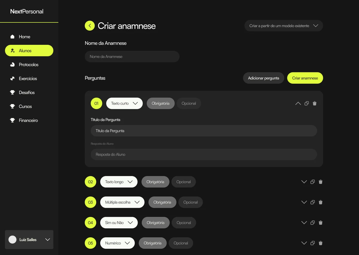 Editor de anamnese personalizada com perguntas de texto, múltipla escolha e numéricas