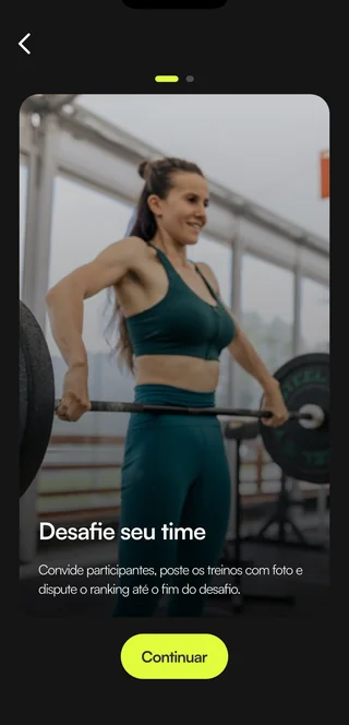Tela de criação de desafio em equipe com ranking no app do aluno
