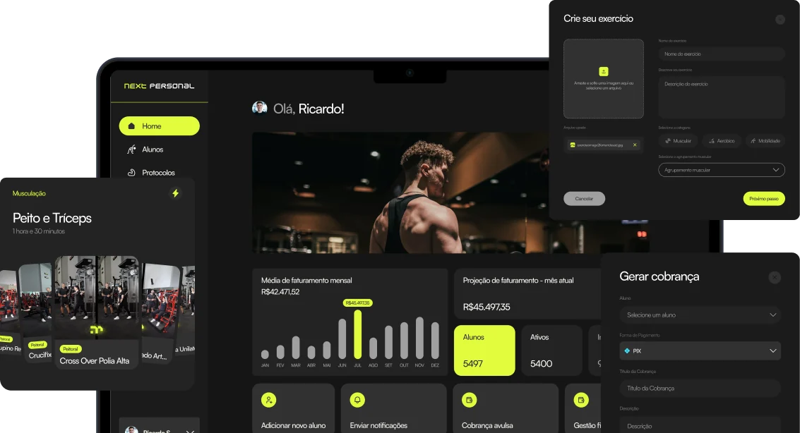 Painel do coach NextPersonal com faturamento mensal, lista de alunos e criação de exercício