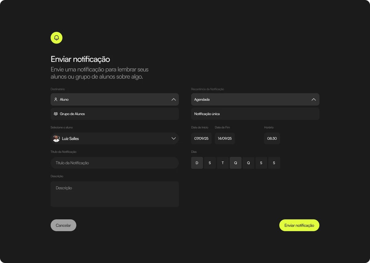 Tela de envio de notificação agendada para um aluno ou grupo de alunos