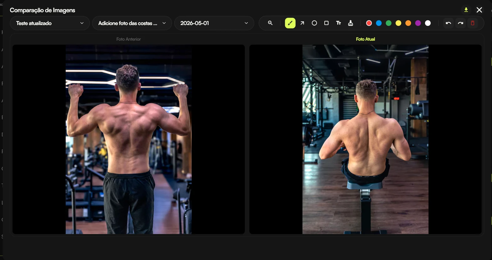 Ferramenta de comparação de fotos de evolução lado a lado no painel do coach, com ferramentas de zoom e desenho