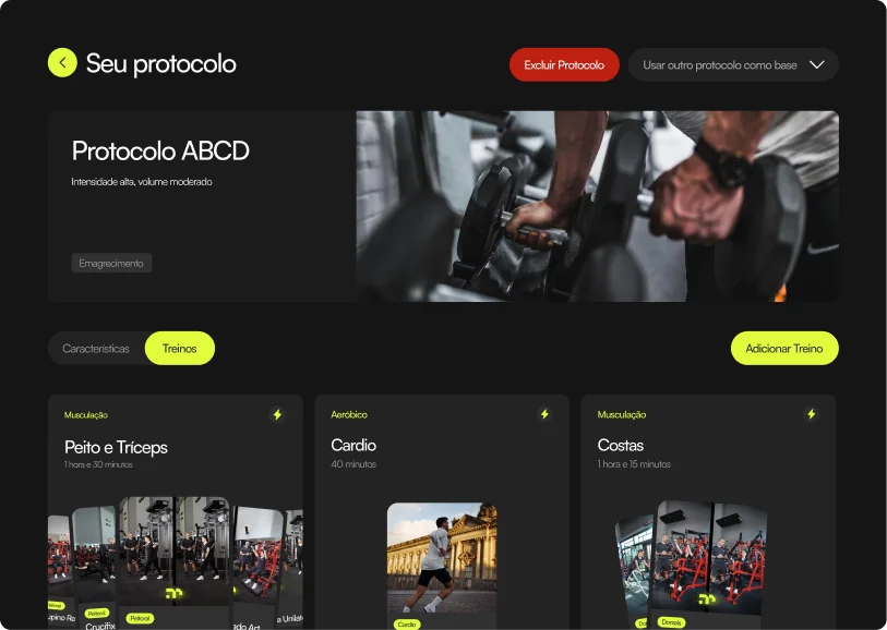 Tela de criação de protocolo de treino ABCD no painel NextPersonal